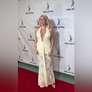 Soft Yellow Halter Lace-Detail Evening Dress - Worn 1x